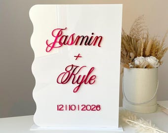Wavy wedding welcome sign, custom acrylic name display, personalized red wedding welcome signage with stand, wavy modern ceremony sign