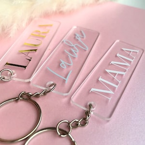 Llavero rectangular de acrílico con nombre, dorado, plateado, transparente, tarjeta de nombre, regalo para invitados a la boda, regalo del Día de la Madre para ella y él.