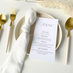 cardápio de casamento minimalista, cardápio de papel elegante e personalizado, cartões de cardápio personalizados, cartões de cardápio elegantes, lista de pratos para o jantar, cardápio branco com nome