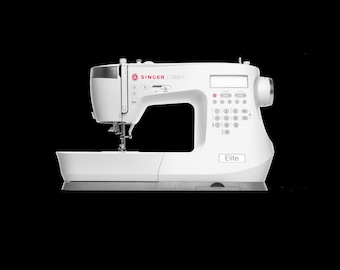 May include: A white Singer Elite CE677 sewing machine featuring a digital display screen, a numeric keypad, and various control buttons. The machine has a needle, a presser foot, and a horizontal spool pin on top, with the brand name clearly visible.