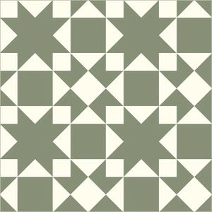 May include: A repeating pattern featuring a geometric design with star and square shapes. The pattern uses a muted green and off-white color palette. The design is symmetrical and creates a visually interesting texture, suitable for textiles or wallpaper.