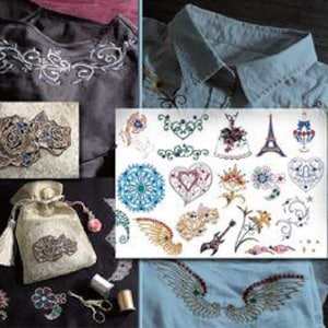 May include: A collage of embroidered items and design sketches. Includes a dark gray top with white floral embroidery, a light blue shirt with embroidered details, a beige drawstring bag, and various embroidered patches and sketches.