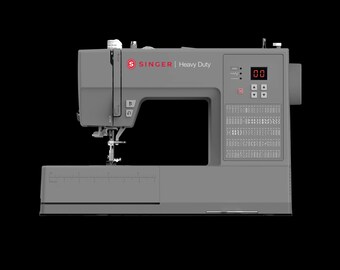 May include: A gray Singer Heavy Duty sewing machine featuring a digital display showing 00, a stitch selection panel with various patterns, a needle, a presser foot, and a built-in ruler on the base. The brand name Singer is printed in red.