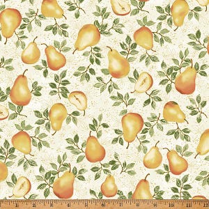 Fabric Hoffman Cream/Gold Pears Metallic In a Pear Tree by the Quarter Yard Y7809-33G
