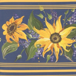 May include: A floral design featuring yellow sunflowers, green leaves, and purple flowers against a navy blue background. The design includes horizontal yellow stripes. The artwork evokes a sense of nature and summer.
