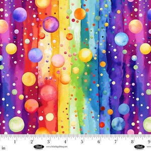 May include: A vibrant fabric design featuring a rainbow of colors with vertical stripes and scattered circles. The circles vary in size and color, creating a playful and whimsical pattern. The fabric is measured in inches.