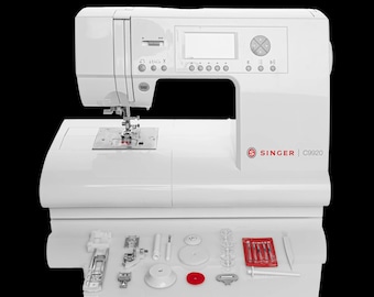 May include: A white Singer C9920 sewing machine with a digital display screen, control buttons, and a needle assembly. Below the machine are various accessories including metal presser feet, clear plastic bobbins, needles, and spool caps.
