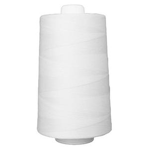 May include: A large, cylindrical spool of white sewing thread. The thread is tightly wound around the central core in a crisscross pattern, creating a smooth, uniform surface texture. The spool features a flat base and a small, raised top cap.