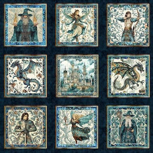 Fabric QT Dark Navy Large Medieval Picture Patches Folklore Quilting Panel 31640-N