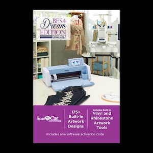 May include: A blue and white ScanNCut machine with the text "BES4 Dream Edition" is displayed on a white table. The image also shows a pair of jeans with an embroidered design, and a purple banner with text about artwork designs and tools.