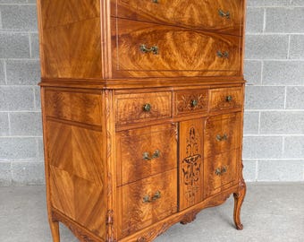 Antique French Rococo Style Inlaid 7 Drawer High Chest - Dresser (Shipping is Not Free or 1 Dollar)