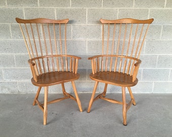 Hunt Country Furniture Solid Oak Comb Back Arm Chairs A - Pair (Shipping is NOT Free or 1)
