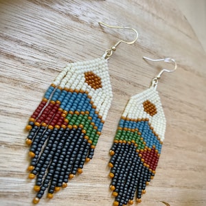 Landscape Seed Bead Earrings ~ Blue Palette ~ Handwoven Beaded Fringe Earrings ~ Dangle Earrings 3.5&quot;