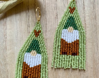 Garden Gnome Seed Bead Earrings ~ Handwoven Beaded Fringe Earrings ~ Dangle Long Earrings 3"