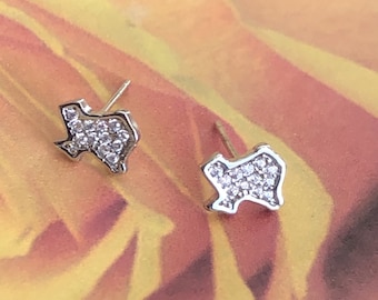 Texas State Earrings, Mini, Tiny,  Texas Earrings, Stud, Silver, Cubic Zirconia, Texas Earrings, Organic Packaging, Go Green by APCTexas
