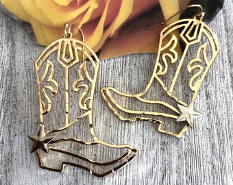 Western, Cowgirl, Boot Earrings,  Western Dangle Earrings, Gold, Rodeo Earrings, Silver Star, Organic Packaging, Go Green by APCTexas