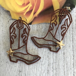 Western, Cowgirl, Boot Earrings,  Western Dangle Earrings, Brown w/ Gold Star,  Rodeo Earrings,, Organic Packaging, Go Green by APCTexas