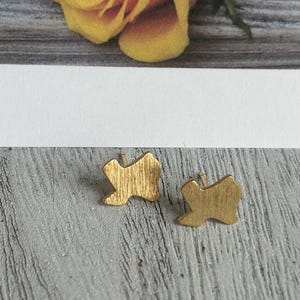 May include: A pair of gold-colored stud earrings in the shape of the state of Texas. The earrings have a brushed metal finish and are displayed on a gray wooden surface. A yellow flower is visible in the background.