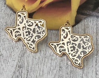 Texas State Earrings, Large, Monogrammed Texas Dangle Earrings, Silver w/Gold Trim, Texas Earrings, Organic Packaging, Go Green by APCTexas