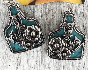 Cow Ear Tag Earrings,  Large, Turquoise/Silver Trim/ Dangle, Western Earrings, Cowgirl Earrings, Organic Packaging, Go Green by APCTexas