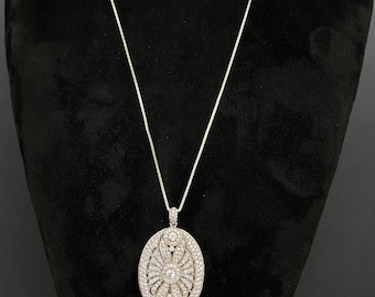 N1503 Vintage Large Sterling Silver Zircon Locket Pendant / 24" Sterling Silver Chain Necklace / Gift for Her/17.4 g