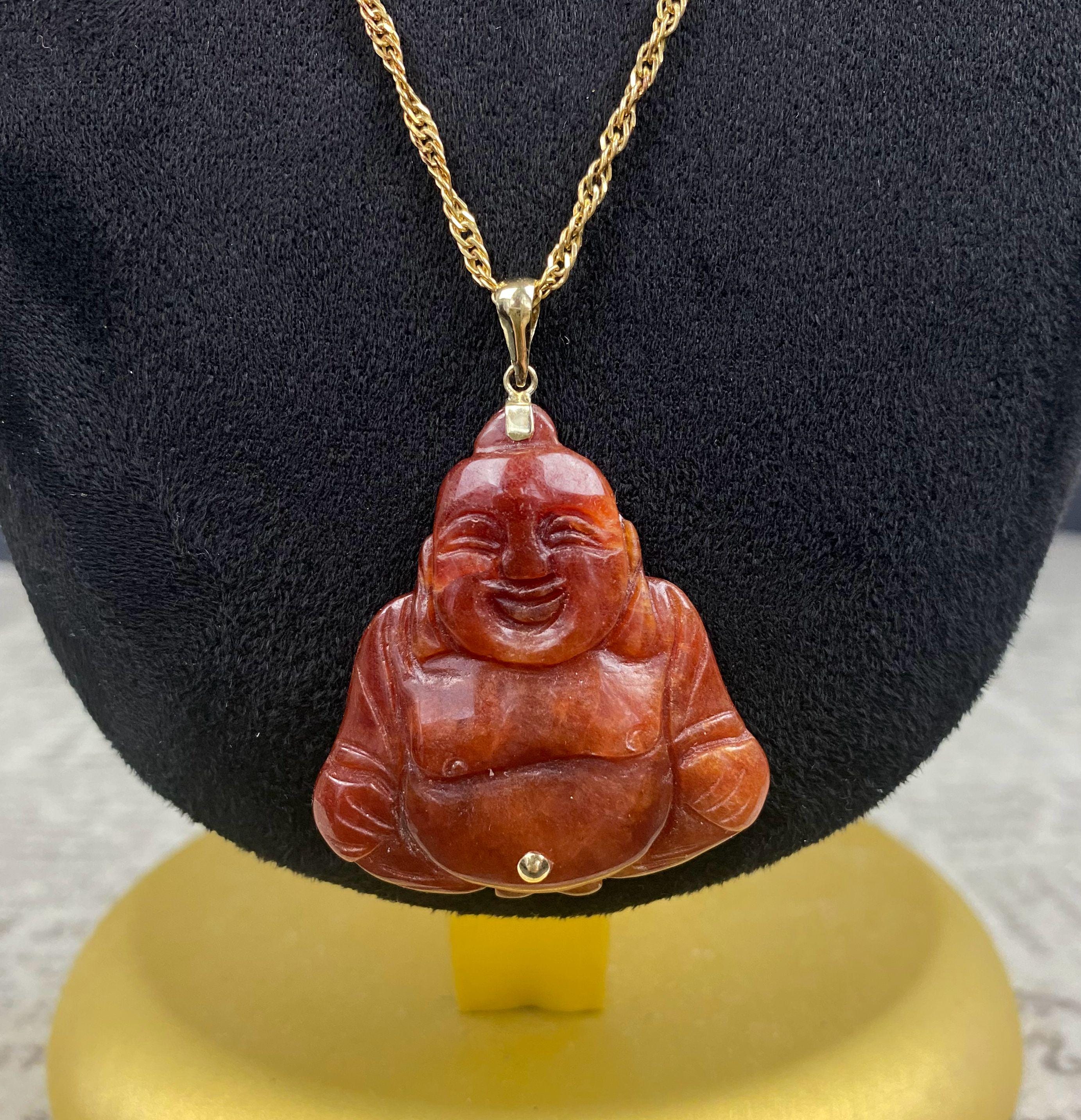 N0753 14K Solid Gold Red Jade Buddha Necklace / 14K Gold Bail