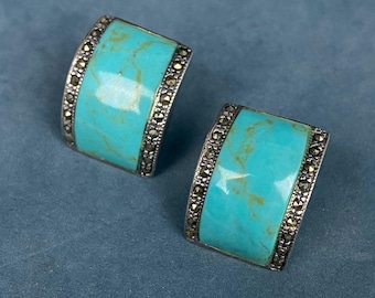 N0718 Vintage Sterling Silver Turquoise & Marcasite Stud Earrings / Southwest Style Jewelry / Gift for Her