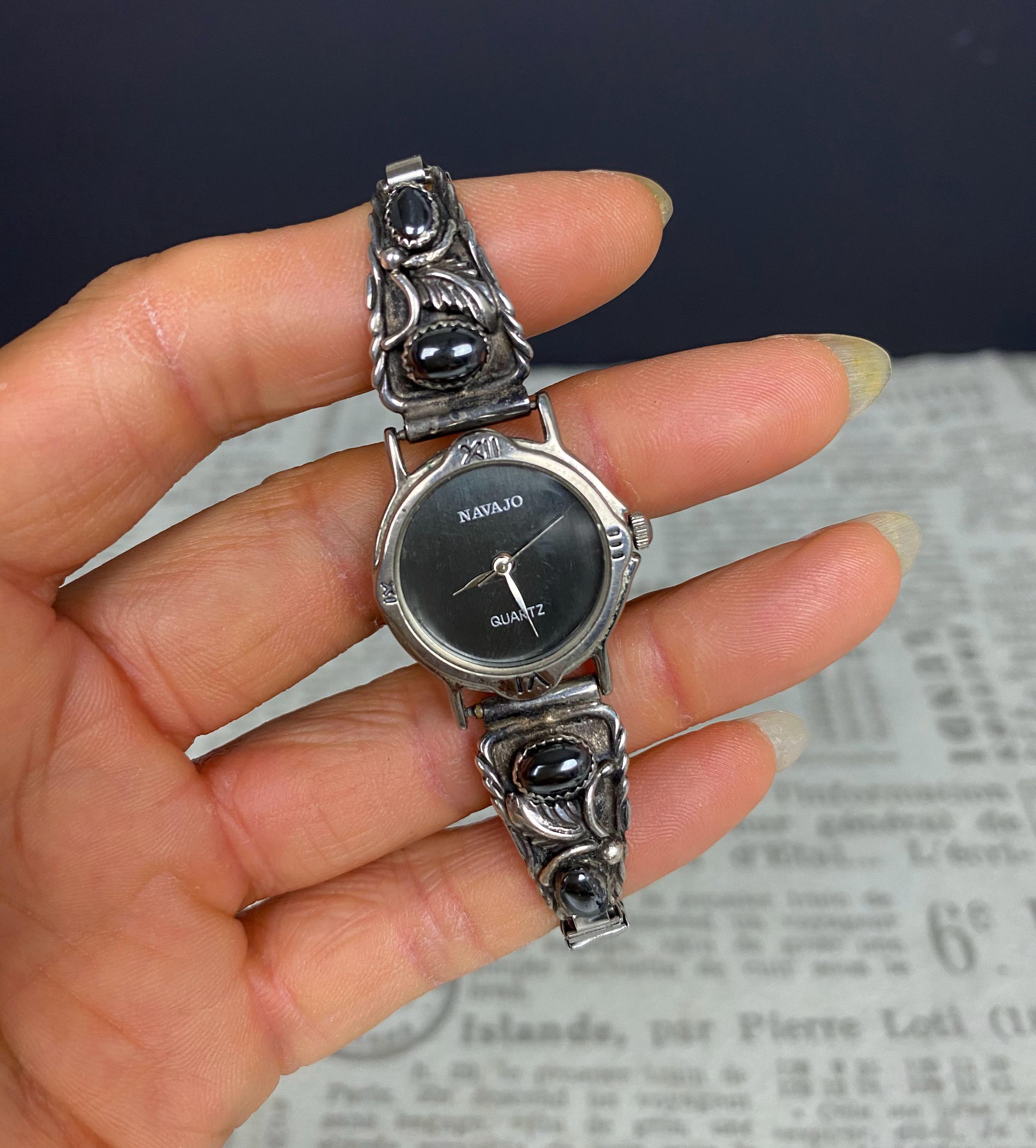 NAVAJO ONYX/ STERLING SILVER WATCH Native Mens Feather Navajo Sterling Silver Watch Tips Black  main image 4