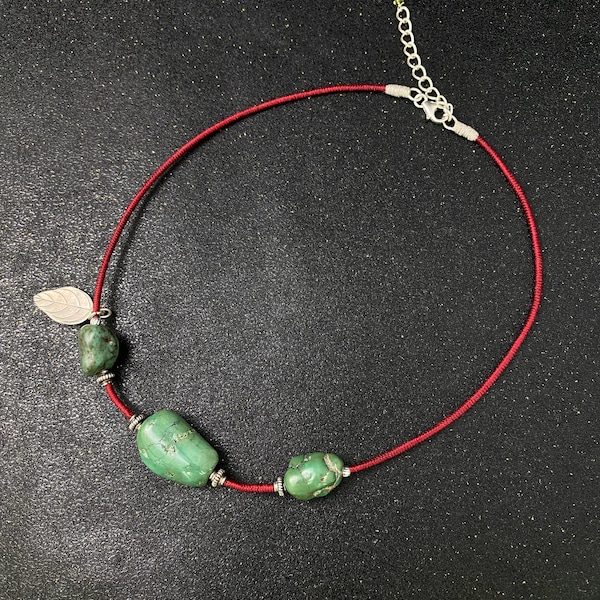 N0397 handmade / Natural Green turquoise/Sterling Sliver Beads / Sterling  silver leaf/choker / necklace / Rose Red /  Wax Cord Vajra Knot