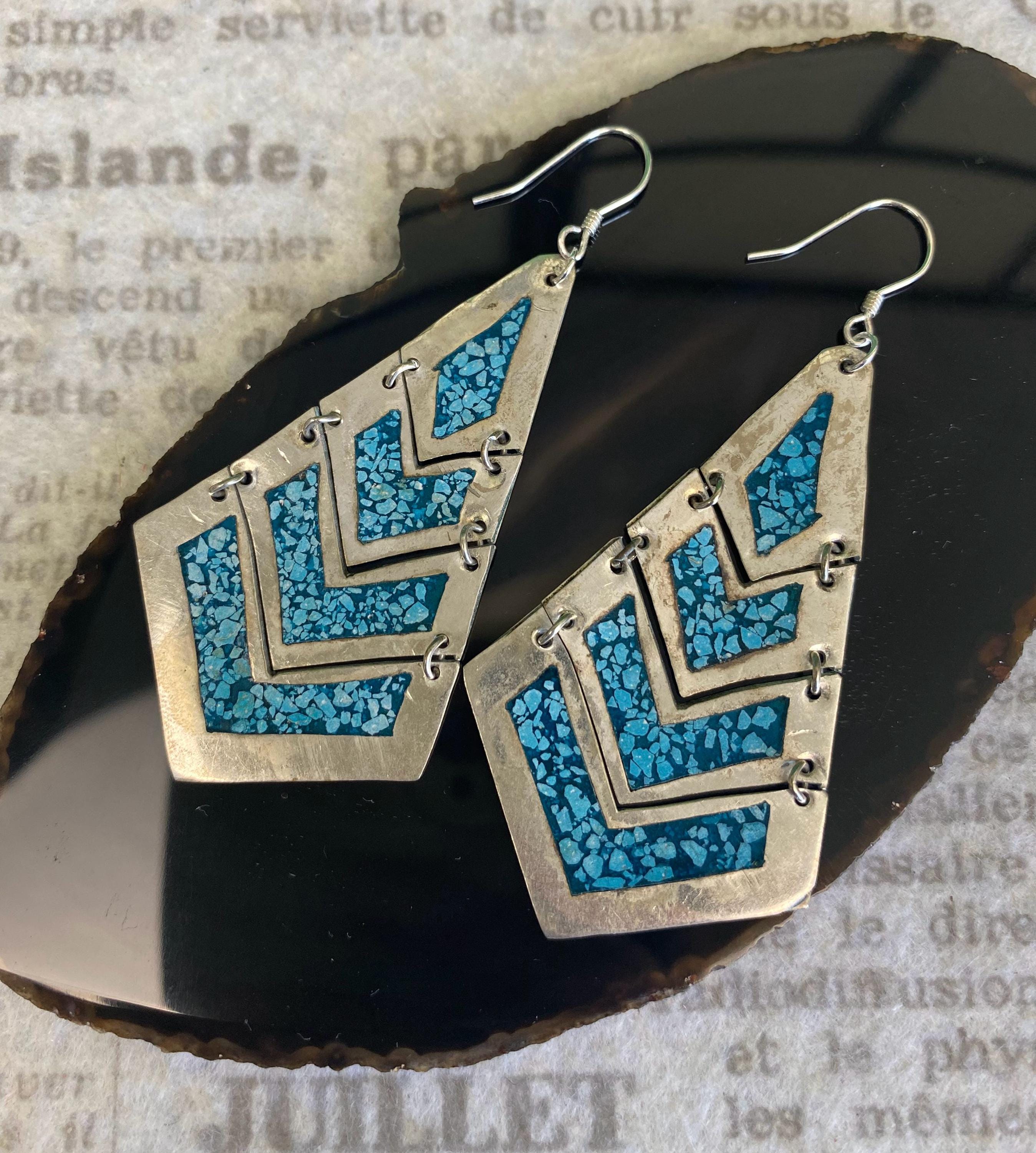 W1670 Vintage Alpaca Mexico Turquoise Inlay Dangle Earrings