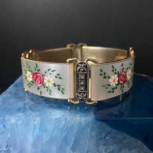 N1111 bracelet DAMAS à panneaux larges vintage/Bracelet à panneaux floraux peint à la main/Bracelet DAMASCÈNE doré/Cadeau pour elle/Taille 7,5