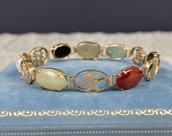 N1320 Vintage 14K Solid Gold Multi-Color Jadeite & Onyx Bracelet / 7 Inch Oval Gemstone Bracelet / Fine Asian Jewelry / Gift for Her