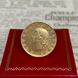 N1567 Vintage 10K massivt guldbandsring / 1993 Italienska Lire 20 mynt / Ring / Storlek 8 / Vikt 4.3 / Present till henne / Signerad JCM 10K