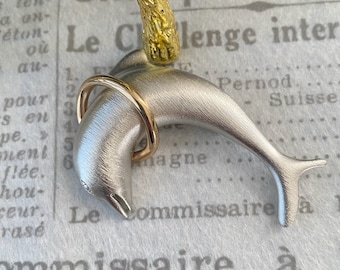 N0485 Vintage Silver Dolphin Brooch/Signed LR / Two Tone Gold Silver Flipper Fish/woman Jewelry