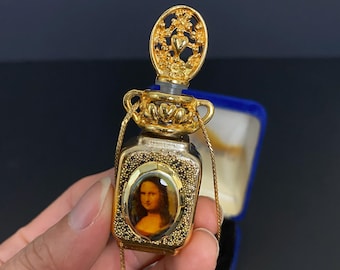N1710 Vintage Adrian Designs  Mona Lisa Locket Pendant  Perfume Bottle Necklace |  Opening Scent Bottle w Funnel /24 inch Chain