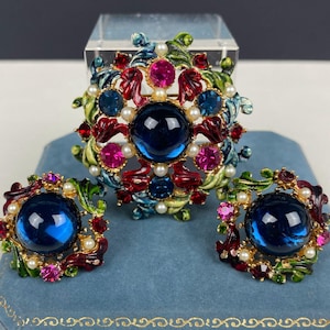 N1175 REAR Beautiful Hattie Carnegie Enamel Rhinestone Brooch and Clip on Earring Set / Hattie Jewelry Sets/Great gift for Her