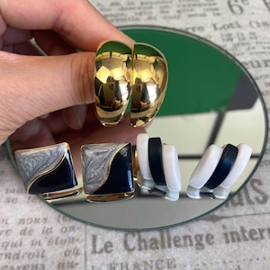 N1678 Vintage 3 Pairs  Stud Earrings Set | Geometric Earrings | Gold Tone Black White Earrings | Retro Stud Earrings