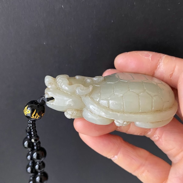 N0073  hand carved Vintage Chinese HETIAN Dragon turtle  jade  Pendant