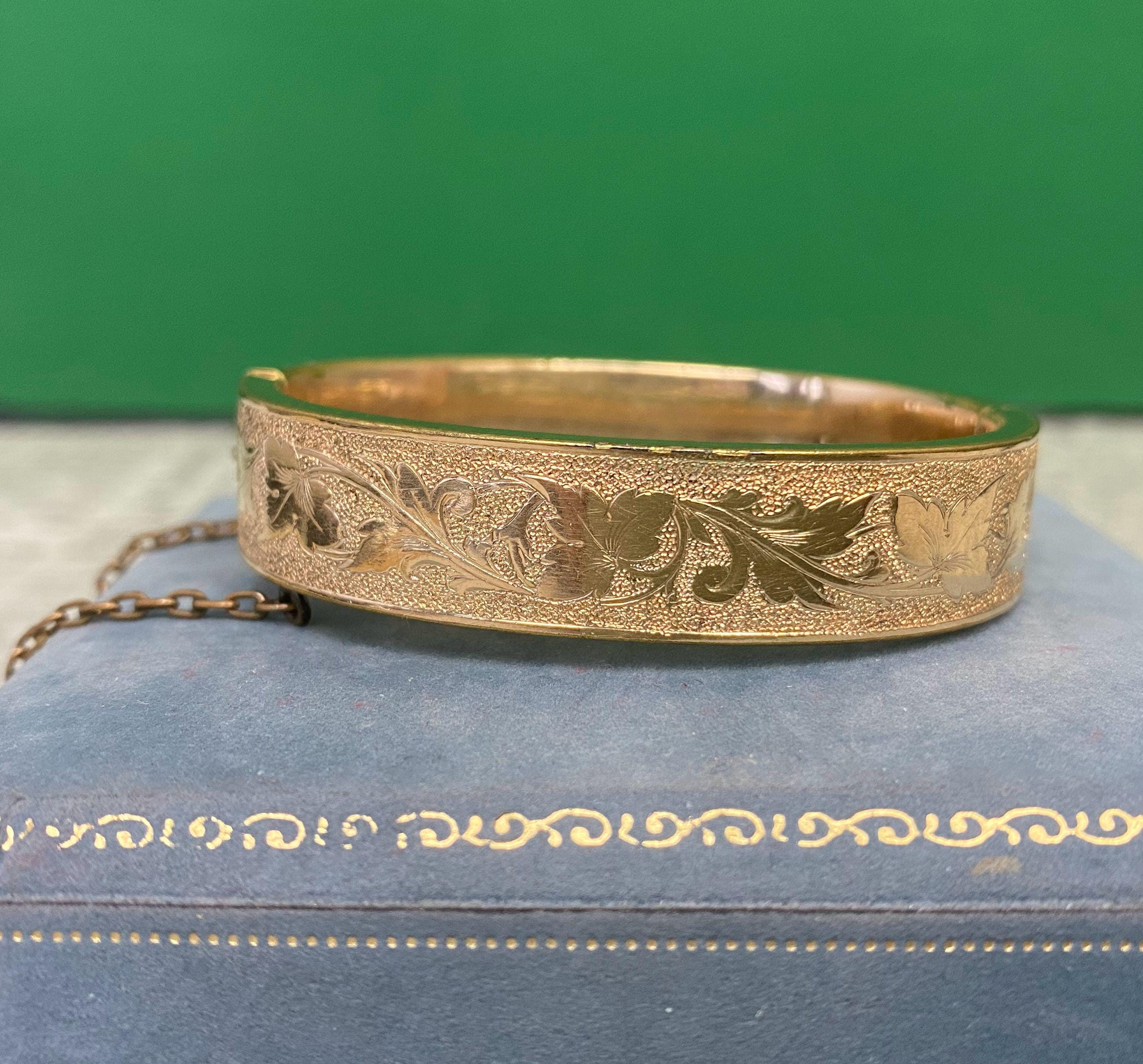 W1615 Antique H&H Engraved Floral Gold Filled Hinged Bangle 