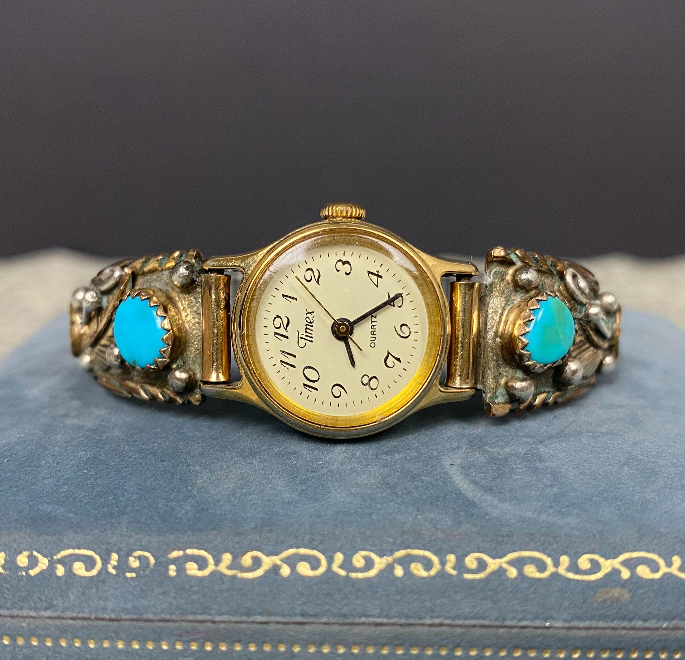 W1416 Vintage Navajo Silver Feather Turquoise Timex Quartz 