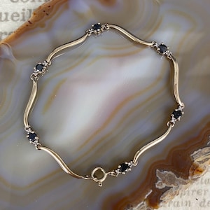 N1329 Vintage Sterling Silver Sapphire & Diamond Bracelet / 7.5 Inch Gemstone Link Bracelet / Gift for Her