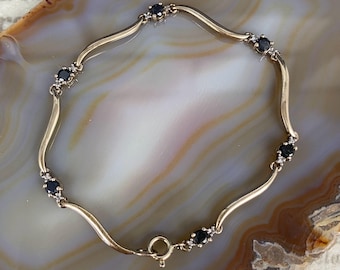N1329 Vintage Sterling Silver Sapphire & Diamond Bracelet / 7.5 Inch Gemstone Link Bracelet / Gift for Her