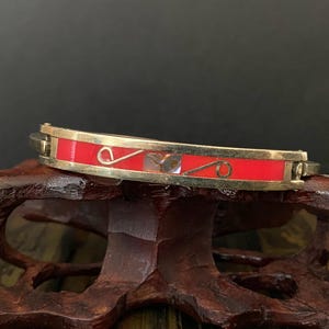 N649 Vintage Alpace armband/Abalone snäckskal inlägg Rött emalj gångjärnsarmband
