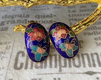 N0513 Vintage Ohrclips/Cloisonné-Ohrring/Blumenbluffly-Ohrring/Geschenk für Sie