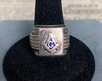 N1572 Antique Sterling Silver Masonic Ring / Freemason Square & Compass / Size 10 / 5.7g / Men’s Collectible Gift