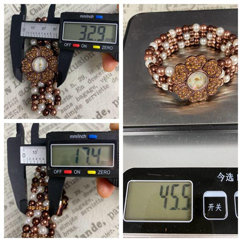 May include: A brown and white beaded bracelet with a flower-shaped watch face. The bracelet measures 1.3 inches wide and 6.8 inches long. The weight of the bracelet is 1.6 ounces. The watch face has a white background and gold-colored accents.
