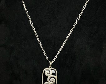 N1477  Vintage 925 Sterling Silver Black Onyx Necklace / Swirl Design Pendant / 20” Silver Chain / Gift for Her/16.8 g
