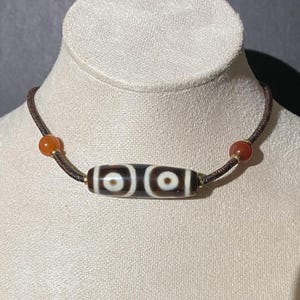 N0227 Rear/hand caved  Tibetan DZI Bead /3 eyes Dzi bead /turquoise  /sterling silver bead  /handmade macramé brown string/choker/necklace