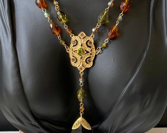 Collier Vintage Perles De Verre Bleu - Or, Bijou Ancien, Occasion Parfait état