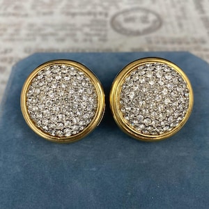 N1290 Vintage Large Gold Plated Rhinestone Button Earrings / Round Clip-On Earrings / Gift for Her